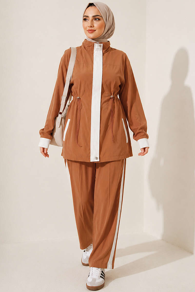 Tencel Two-Piece Set with Trim and Elastic Waist - Camel