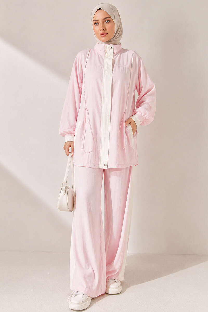 Tencel Two-Piece Set with Trim and Elastic Waist - Pink