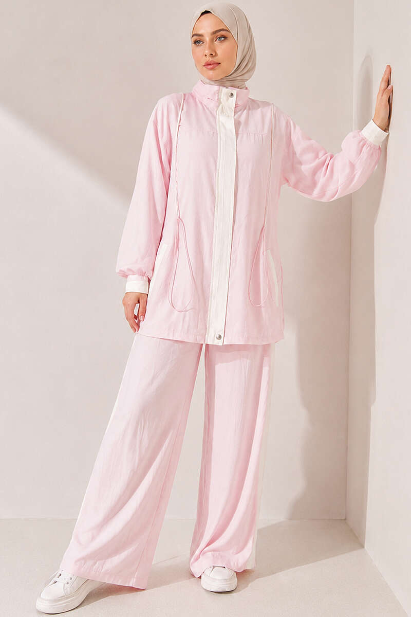 Tencel Two-Piece Set with Trim and Elastic Waist - Pink