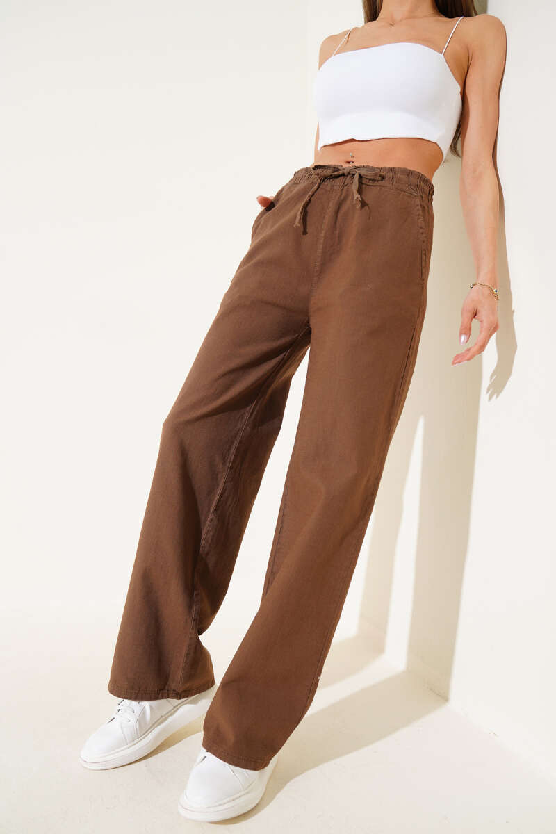 Wide-Leg Linen Pants with Elastic Waist - Brown
