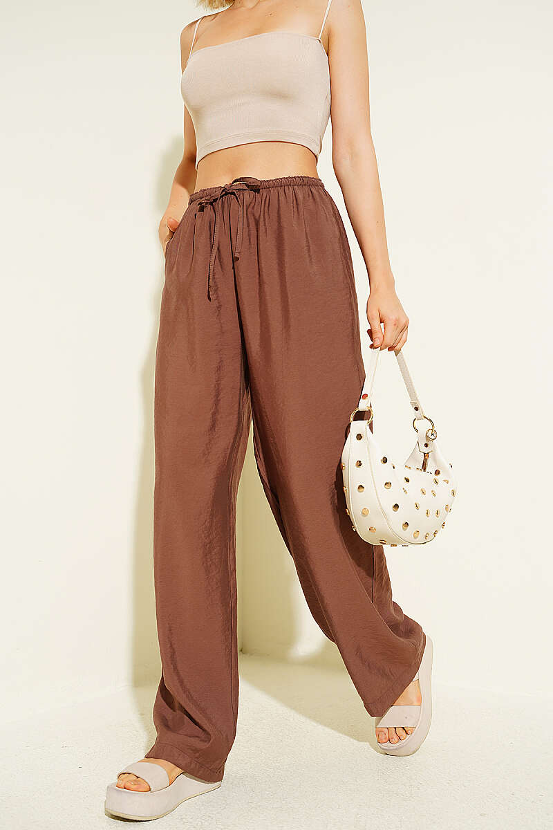 Wide-Leg Modal Trousers with Elastic Waist - Brown