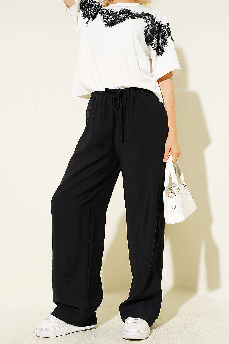 Wide-Leg Modal Trousers with Elastic Waist - Black
