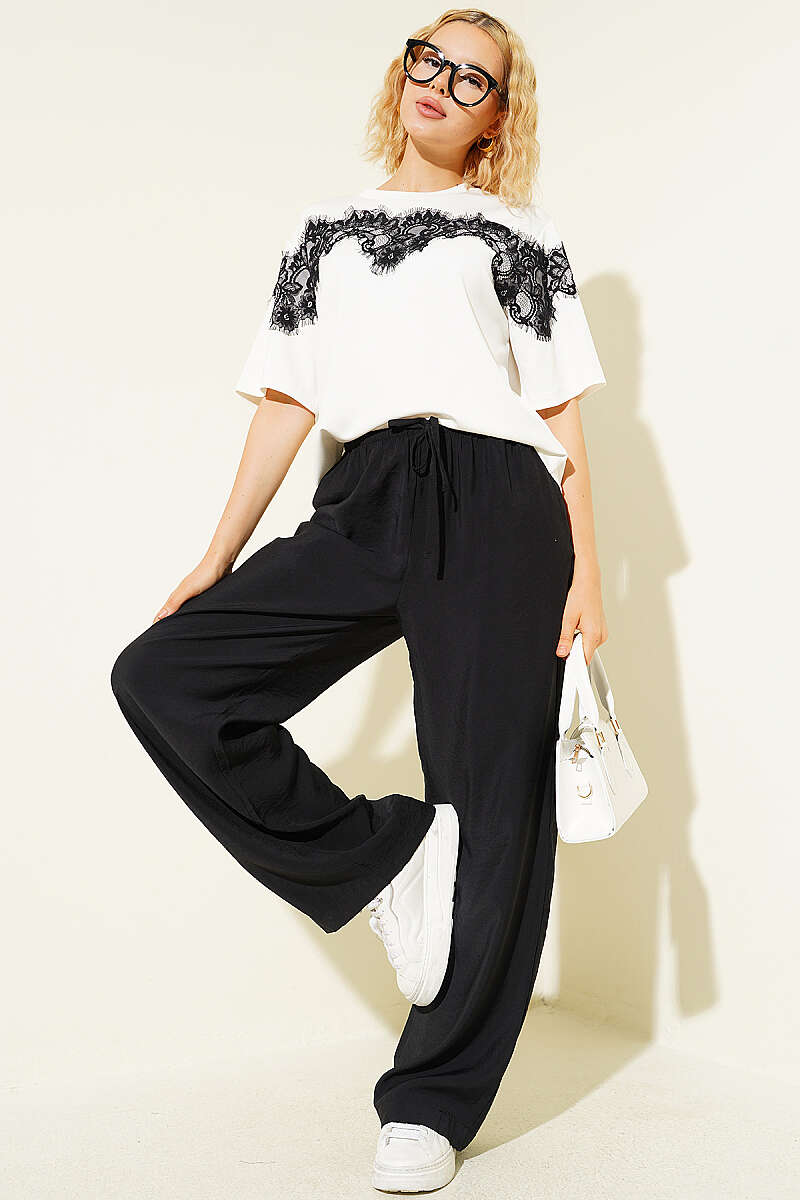 Wide-Leg Modal Trousers with Elastic Waist - Black