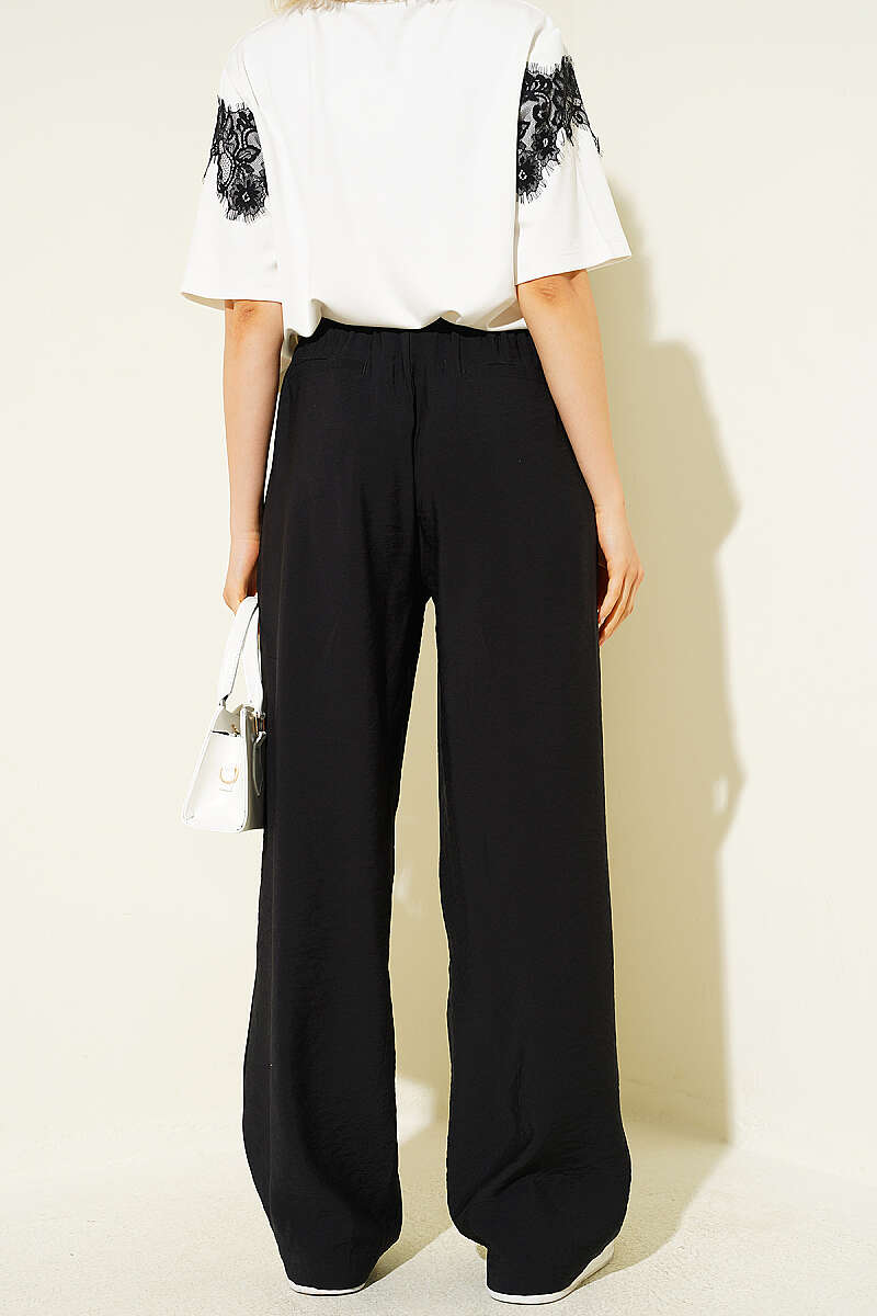 Wide-Leg Modal Trousers with Elastic Waist - Black