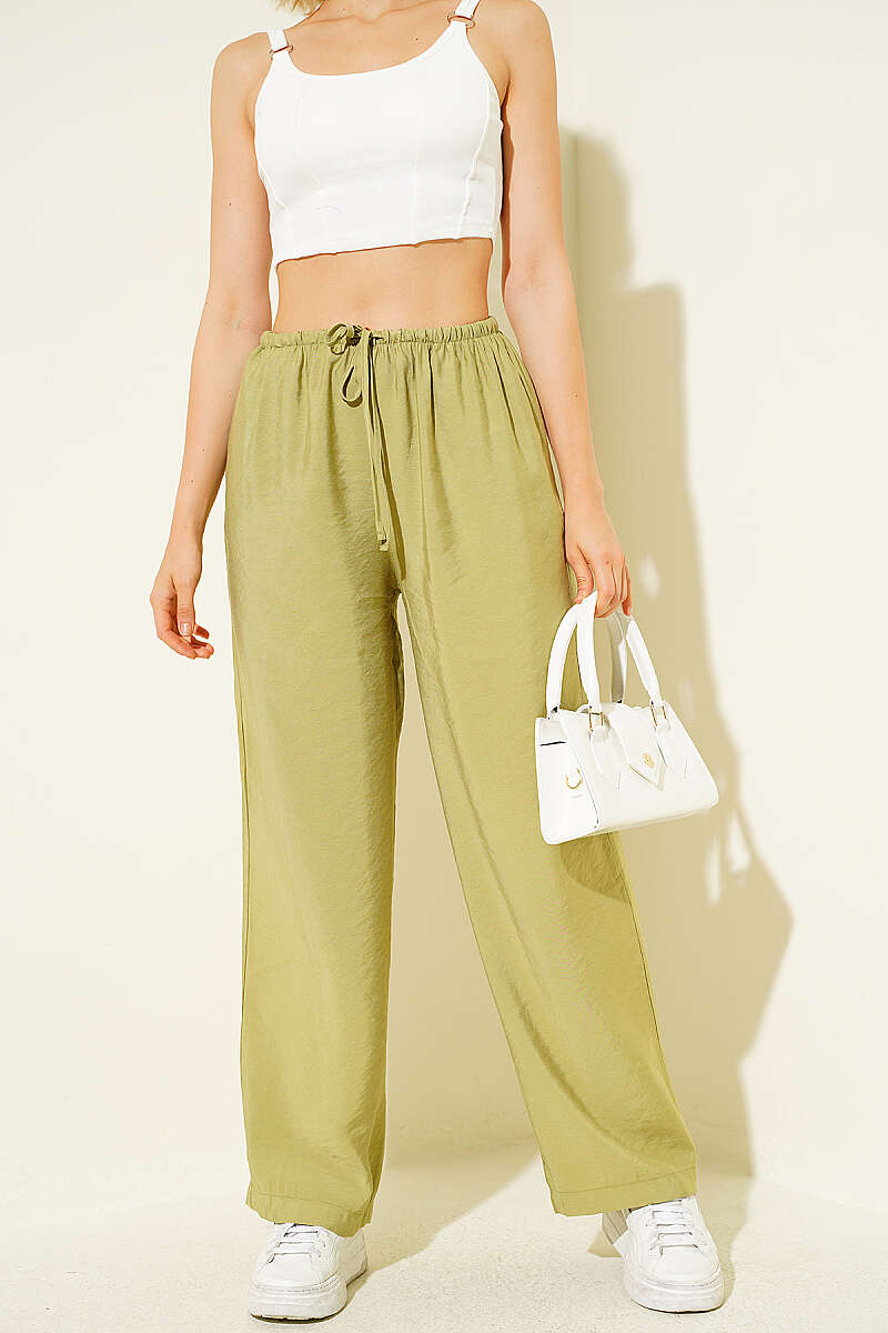 Wide-Leg Modal Trousers with Elastic Waist - Olive