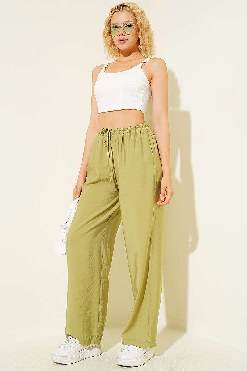 Wide-Leg Modal Trousers with Elastic Waist - Olive