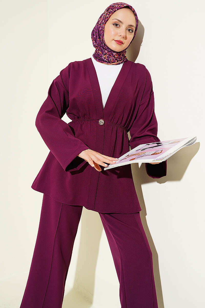 Gold-Button Two-Piece Set with Elastic Waist - Plum