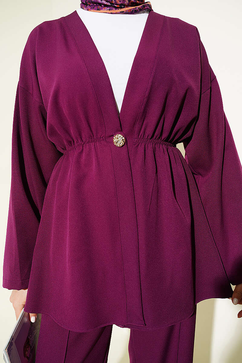 Gold-Button Two-Piece Set with Elastic Waist - Plum