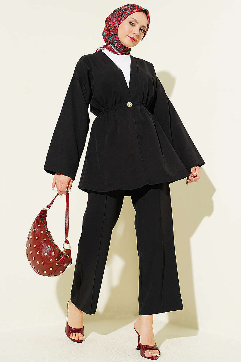 Gold-Button Two-Piece Set with Elastic Waist - Black