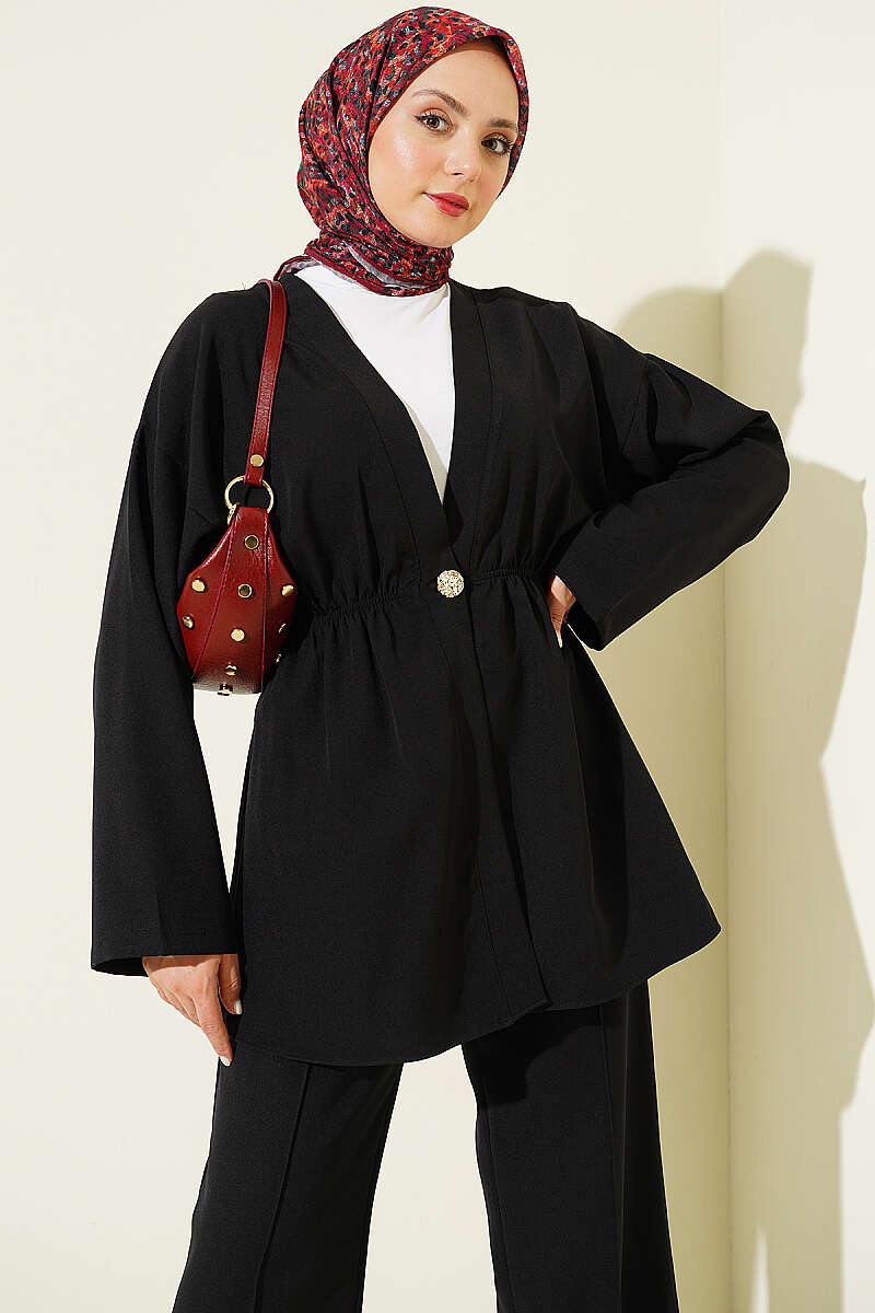 Gold-Button Two-Piece Set with Elastic Waist - Black