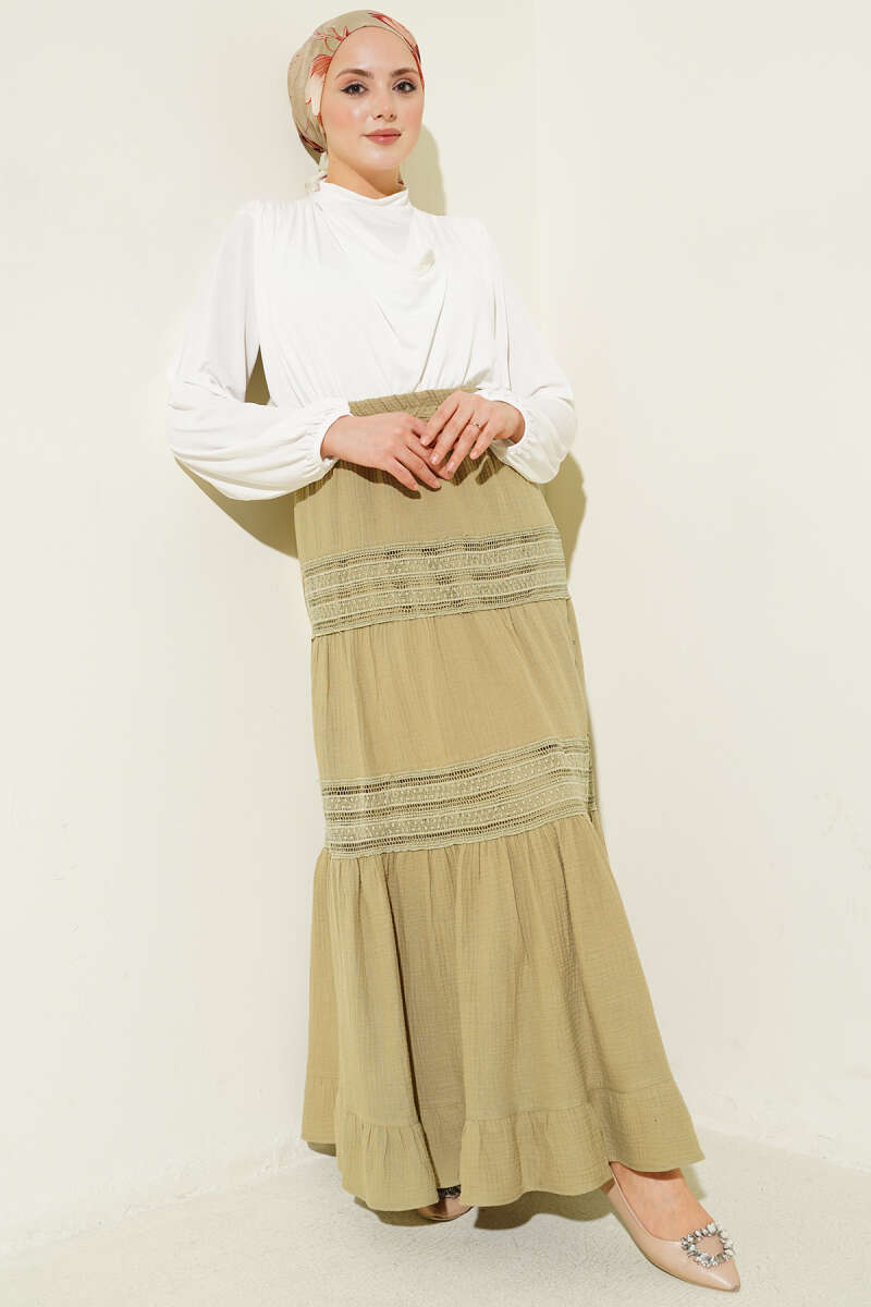 Muslin Skirt with Guipure Trim and Elastic Waist - Almond Green
