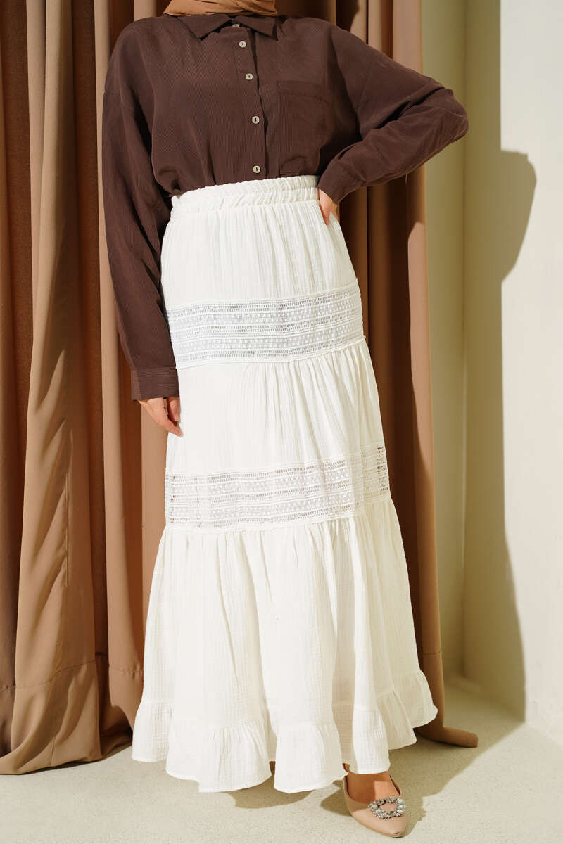 Muslin Skirt with Guipure Trim and Elastic Waist - Ecru