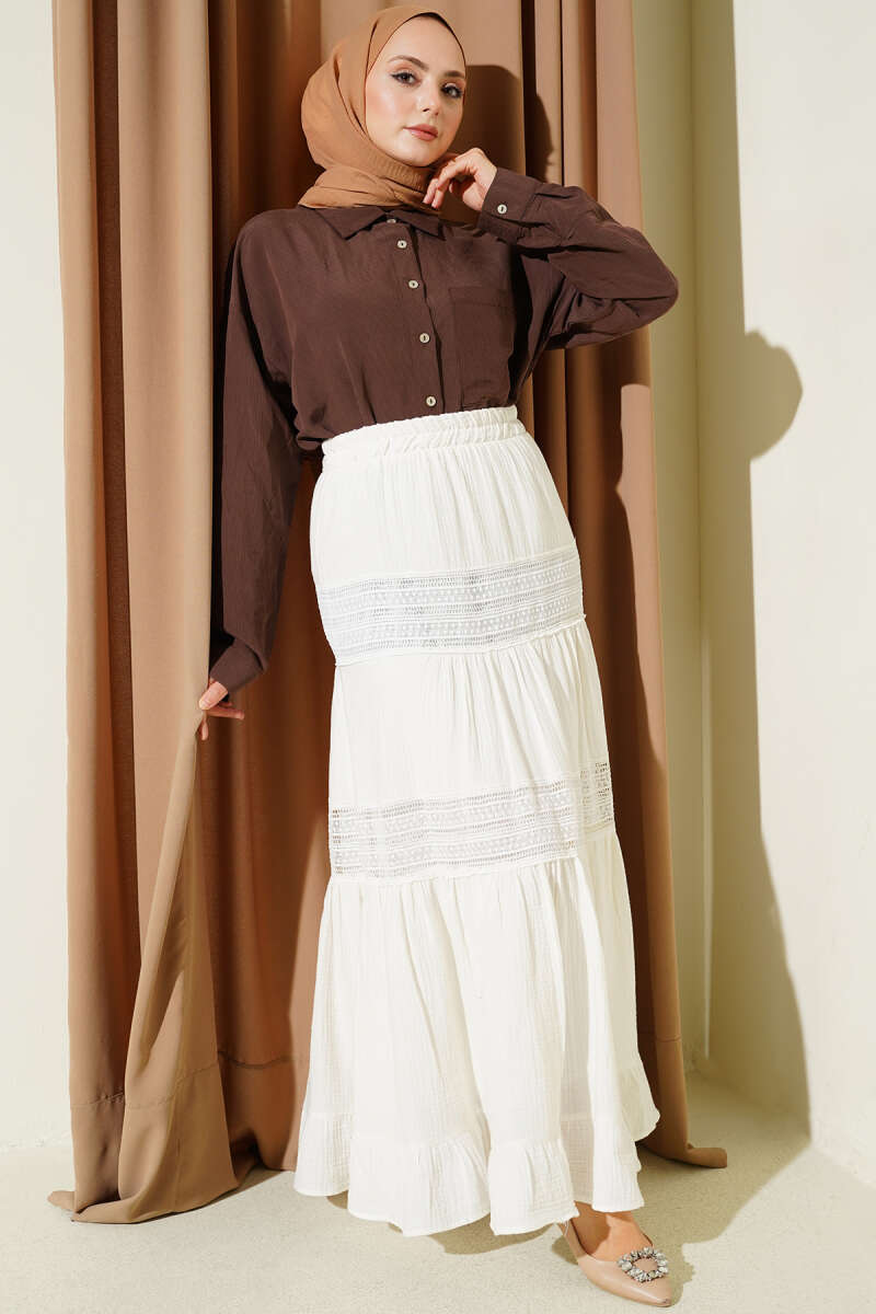 Muslin Skirt with Guipure Trim and Elastic Waist - Ecru