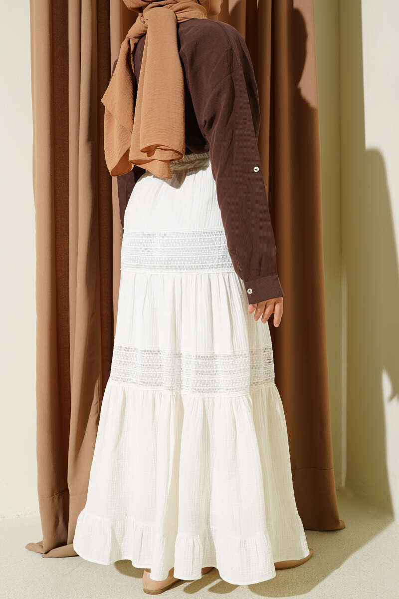 Muslin Skirt with Guipure Trim and Elastic Waist - Ecru