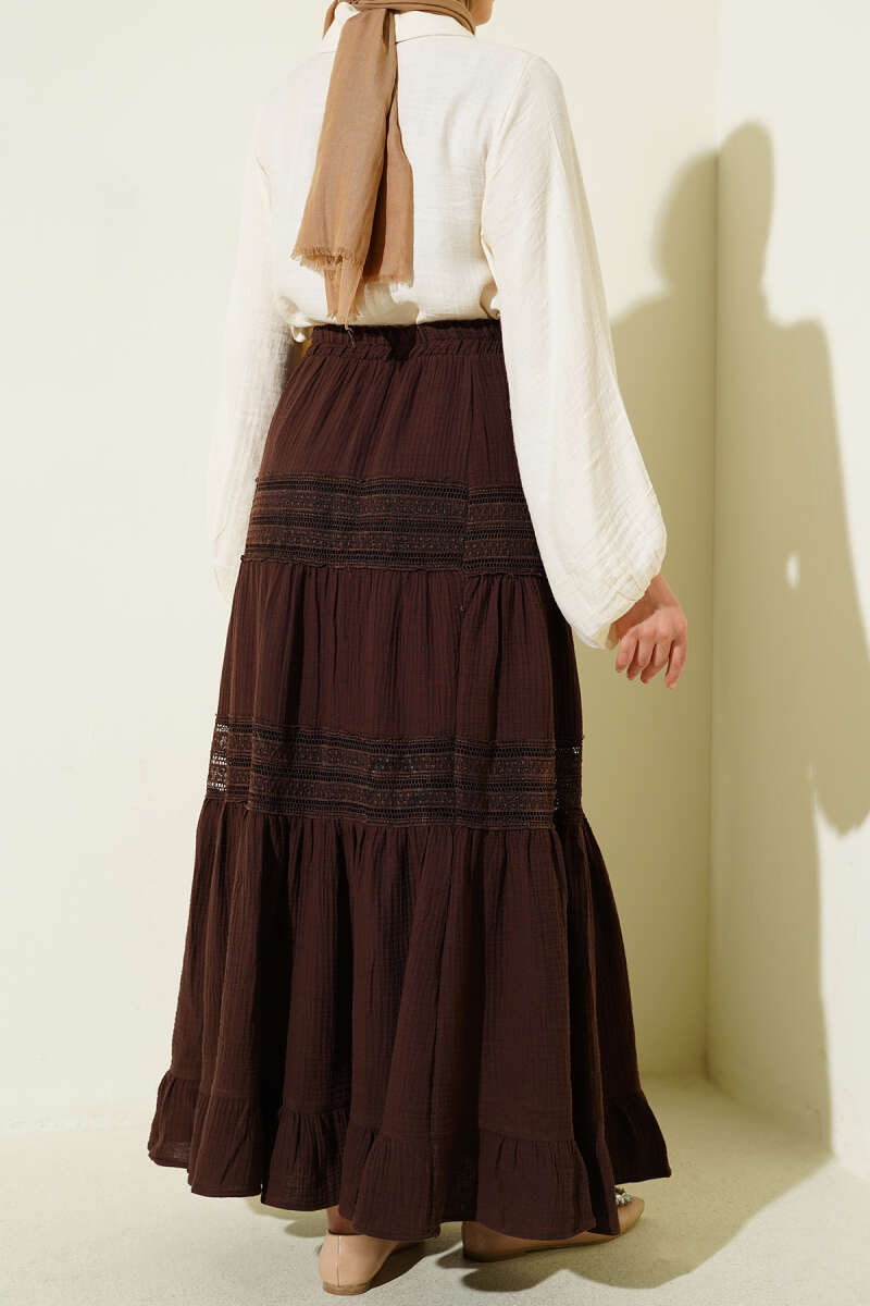 Muslin Skirt with Guipure Trim and Elastic Waist - Brown