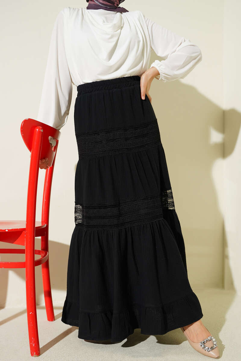 Muslin Skirt with Guipure Trim and Elastic Waist - Black