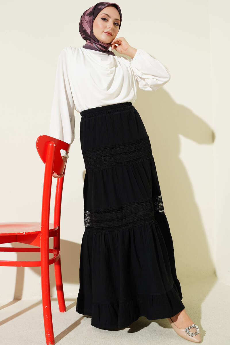 Muslin Skirt with Guipure Trim and Elastic Waist - Black