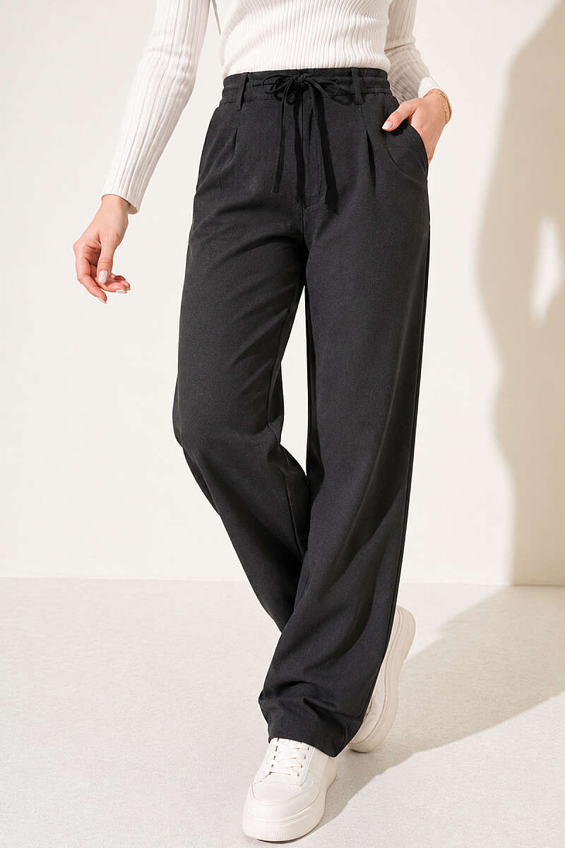 Drawstring Trousers with Elastic Waist - Charcoal