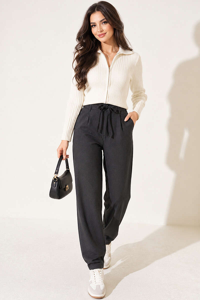 Drawstring Trousers with Elastic Waist - Charcoal