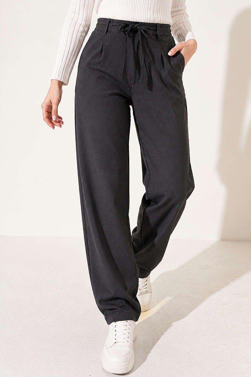 Drawstring Trousers with Elastic Waist - Charcoal