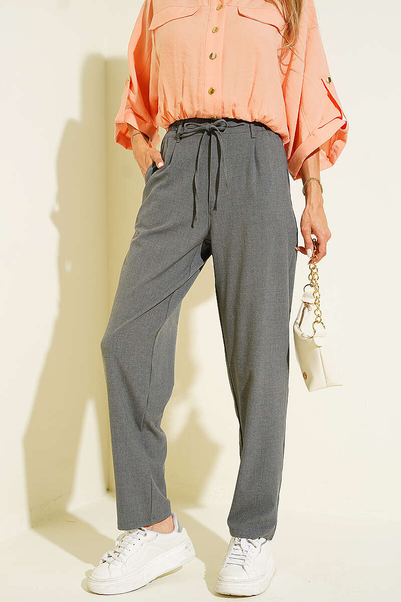 Drawstring Trousers with Elastic Waist - Smoke Grey