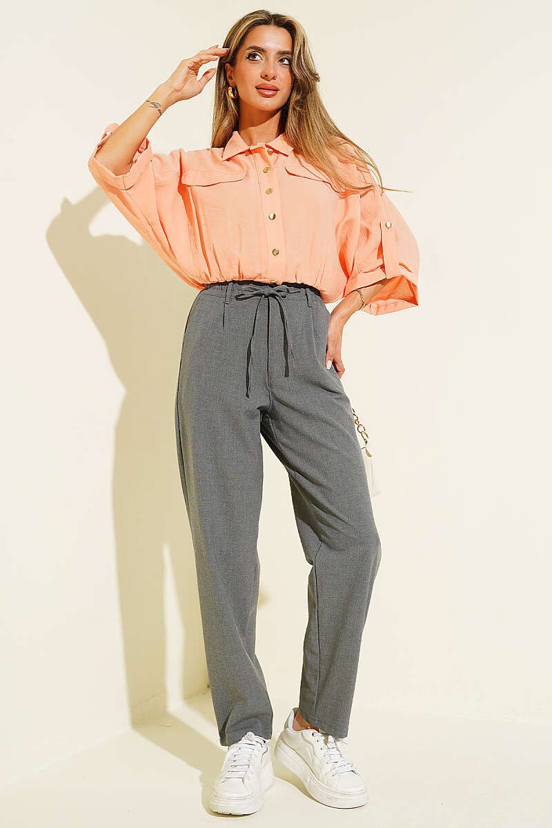 Drawstring Trousers with Elastic Waist - Smoke Grey
