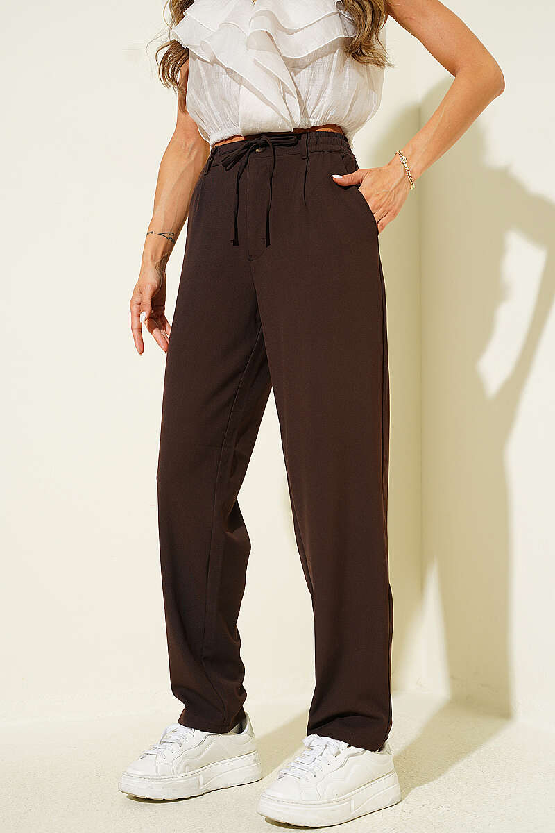 Drawstring Trousers with Elastic Waist - Brown