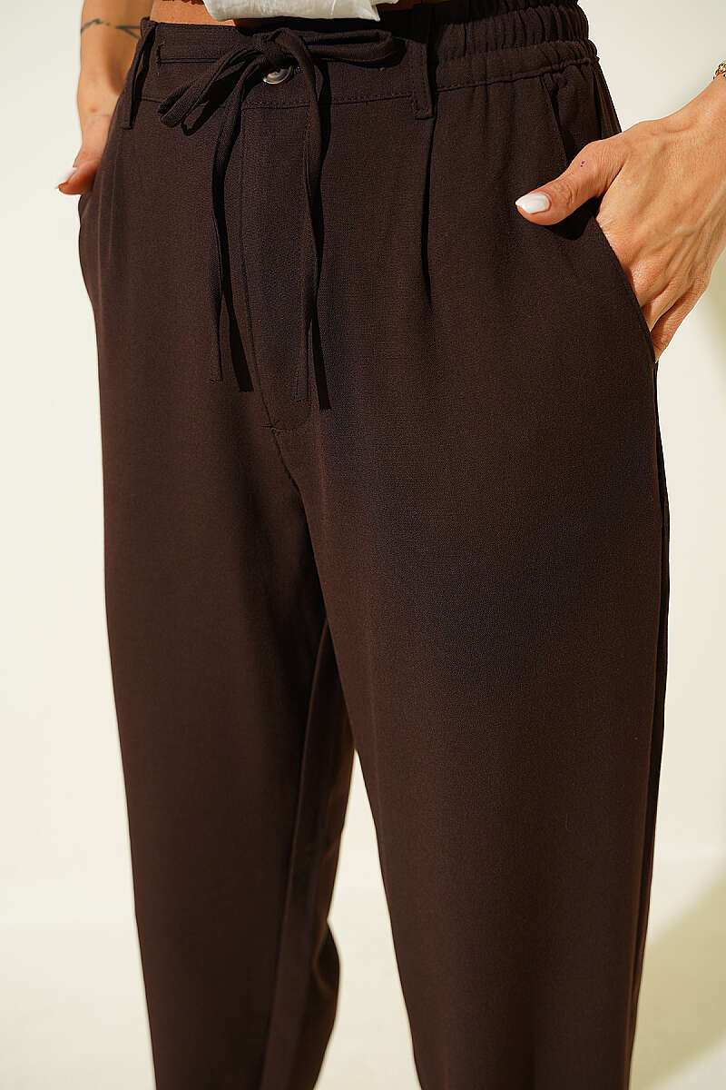 Drawstring Trousers with Elastic Waist - Brown