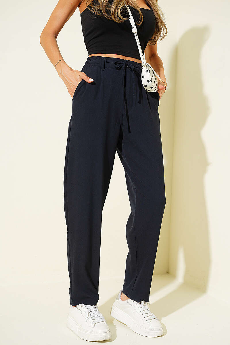 Drawstring Trousers with Elastic Waist - Navy