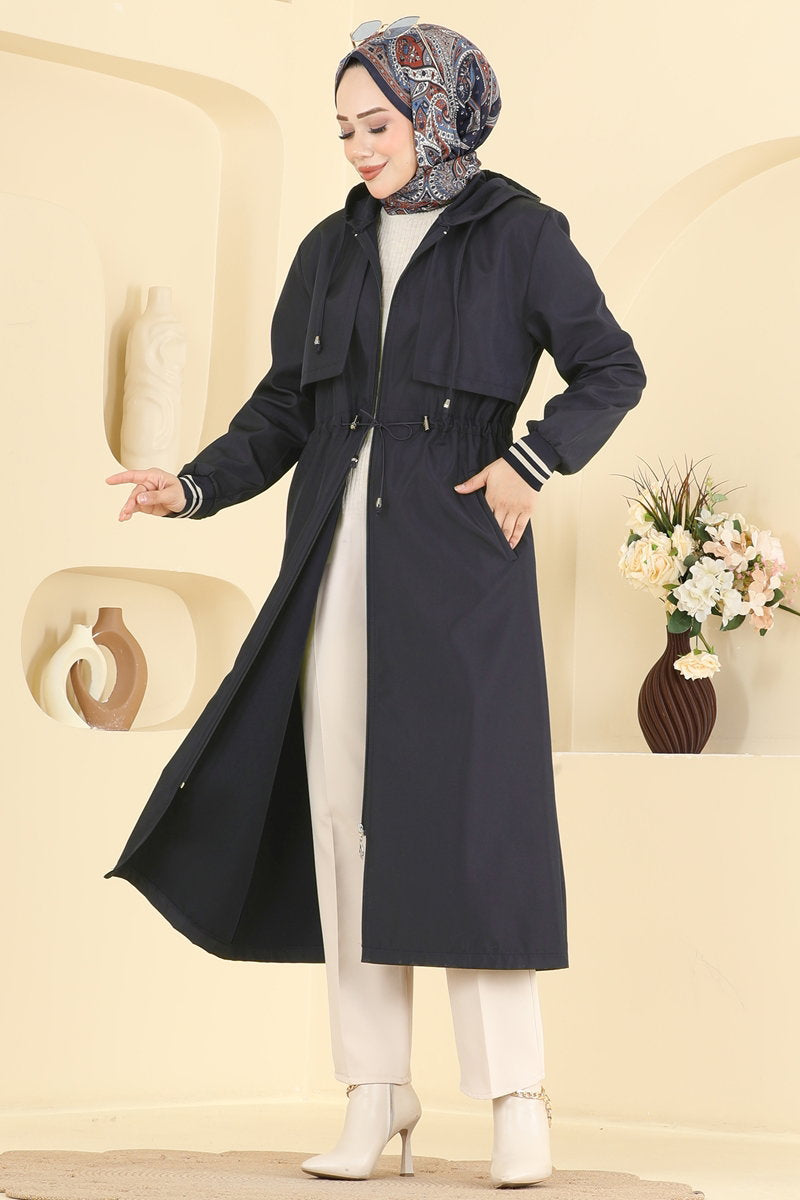 Hooded Trench Coat with Elastic Waist - Navy