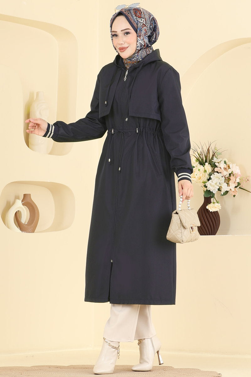 Hooded Trench Coat with Elastic Waist - Navy
