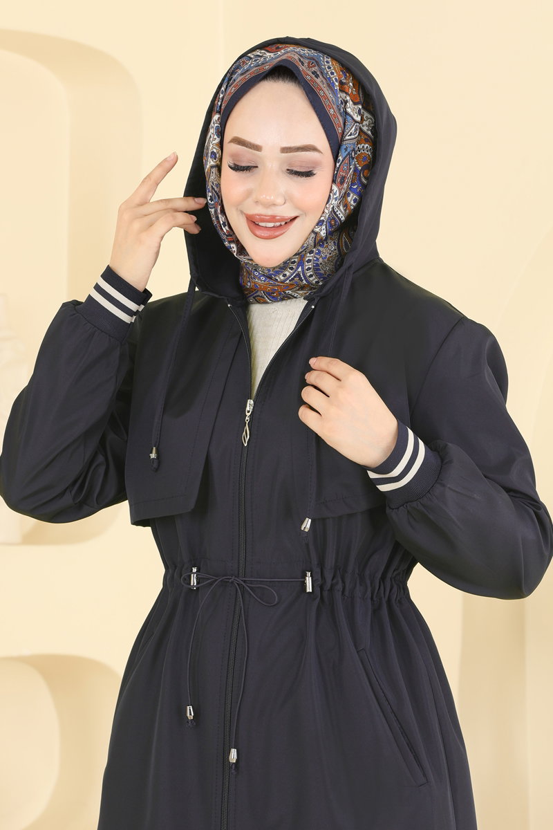 Hooded Trench Coat with Elastic Waist - Navy