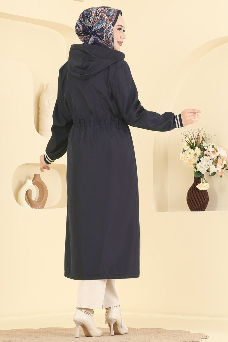 Hooded Trench Coat with Elastic Waist - Navy