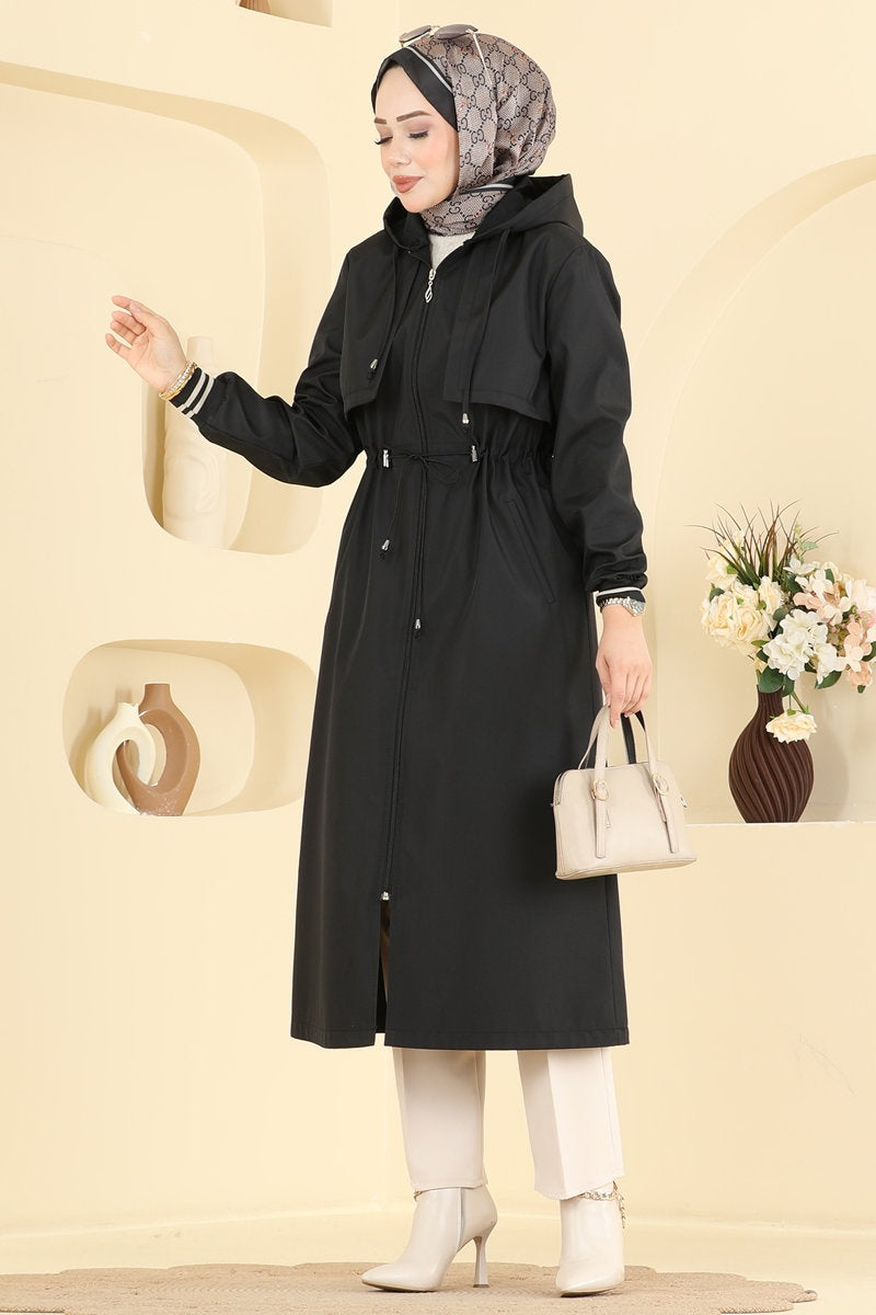 Hooded Trench Coat with Elastic Waist - Black