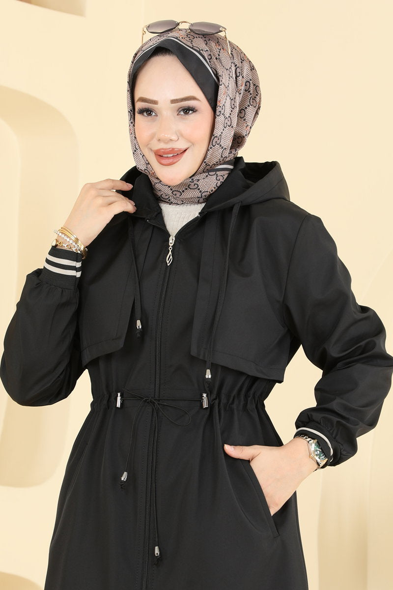 Hooded Trench Coat with Elastic Waist - Black