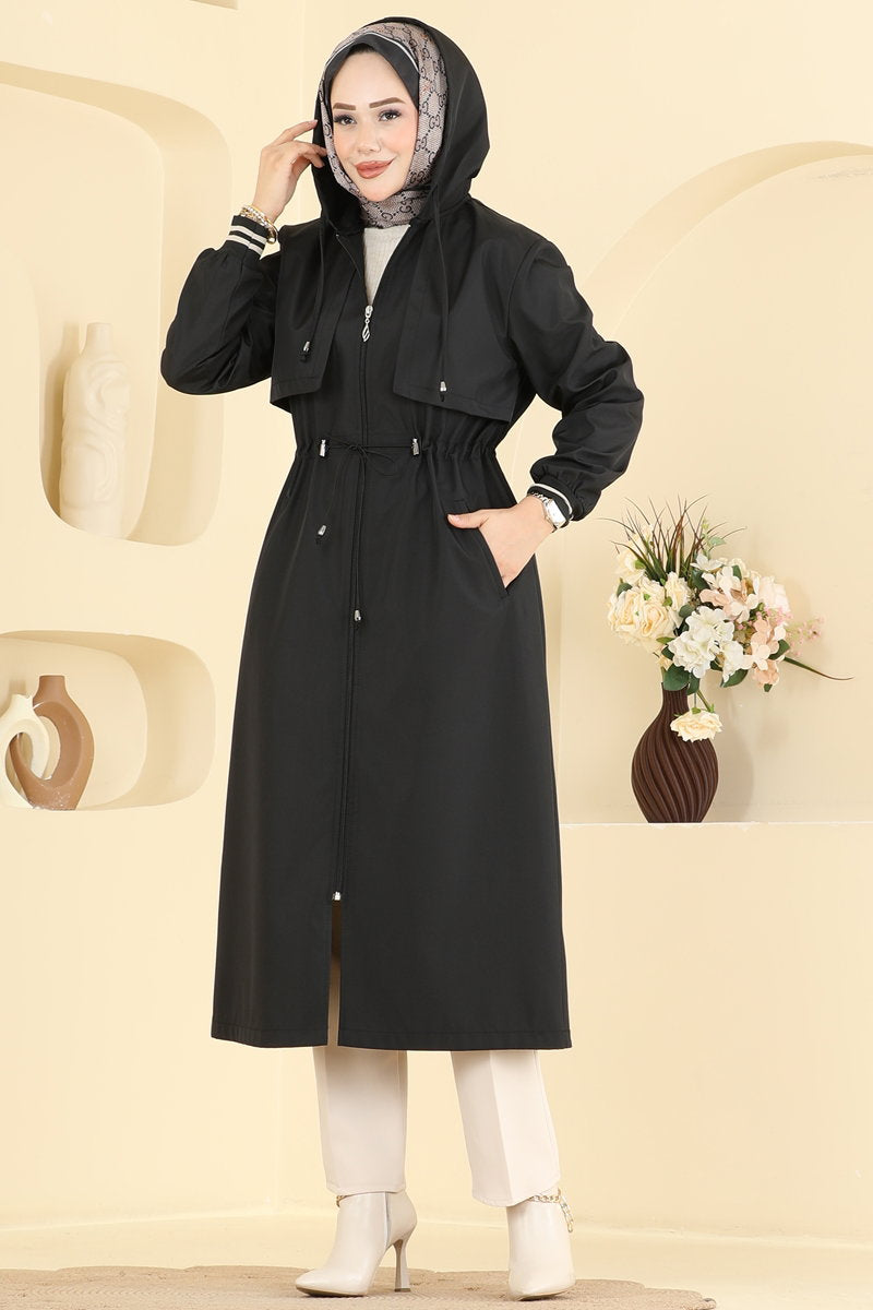 Hooded Trench Coat with Elastic Waist - Black