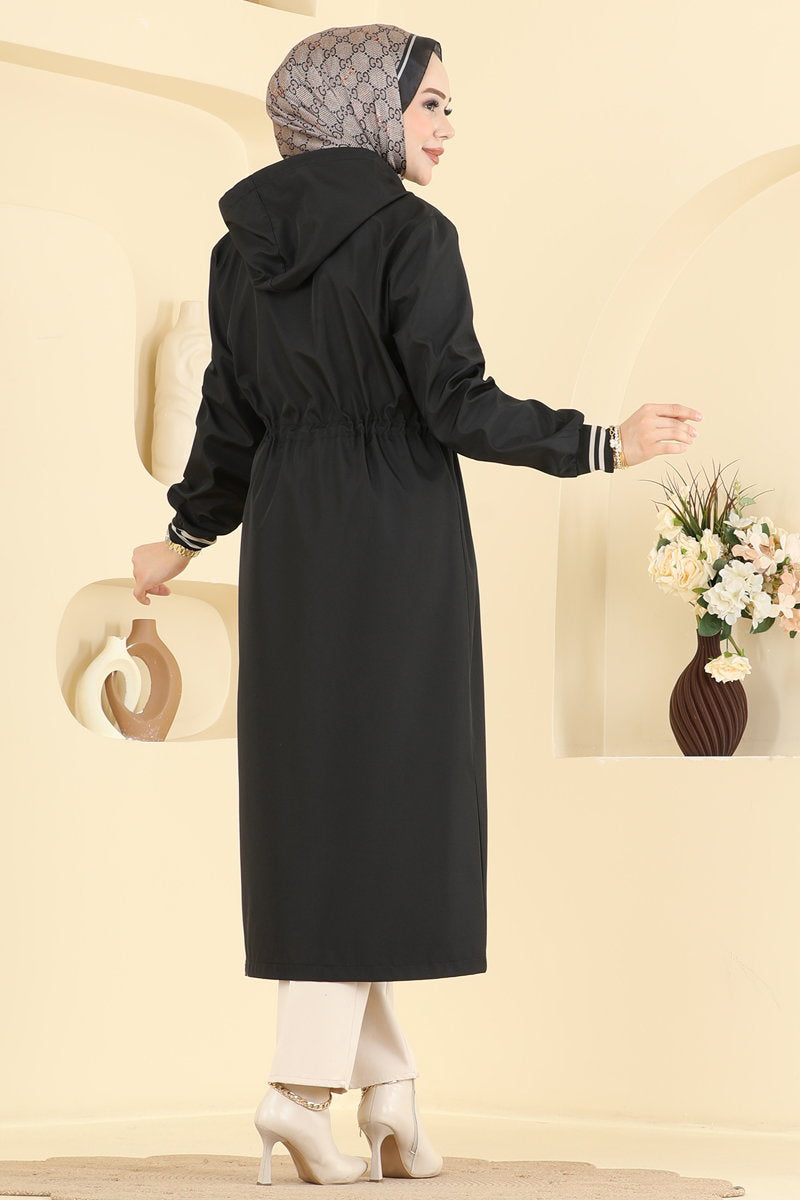 Hooded Trench Coat with Elastic Waist - Black