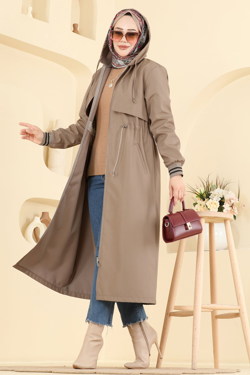 Hooded Trench Coat with Elastic Waist - Mink