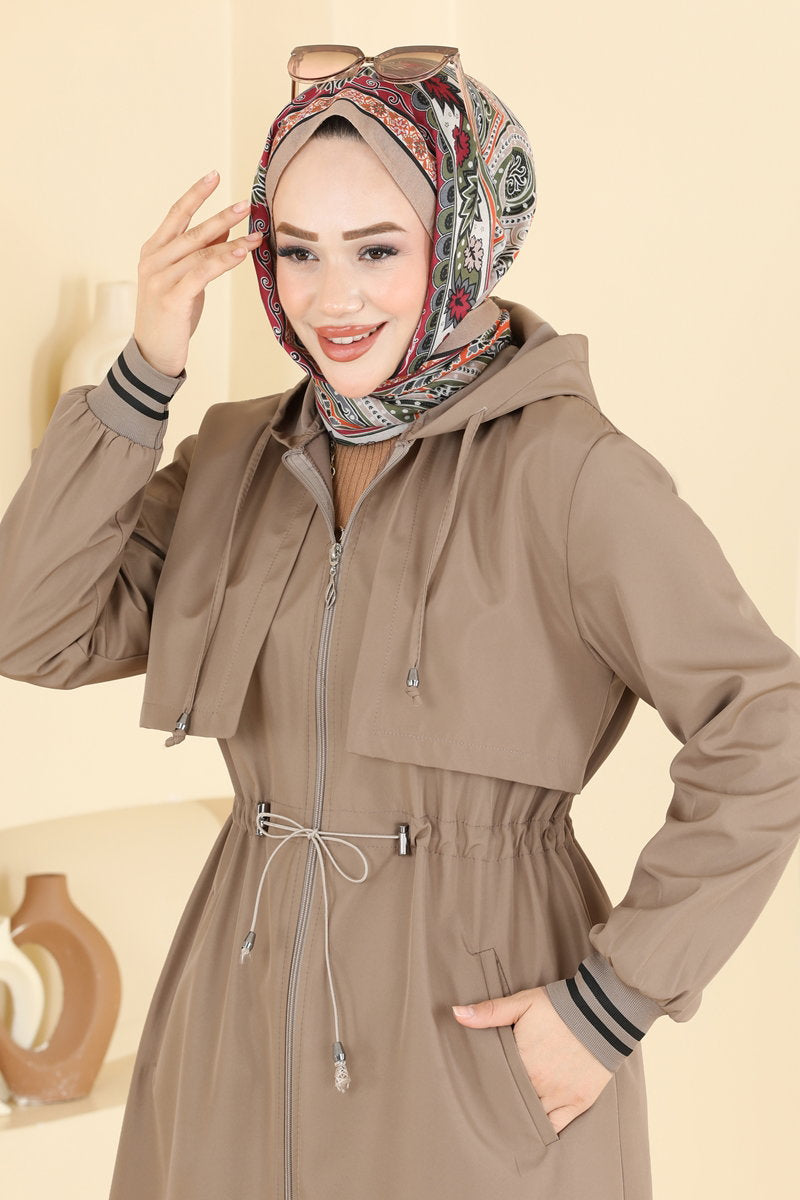 Hooded Trench Coat with Elastic Waist - Mink