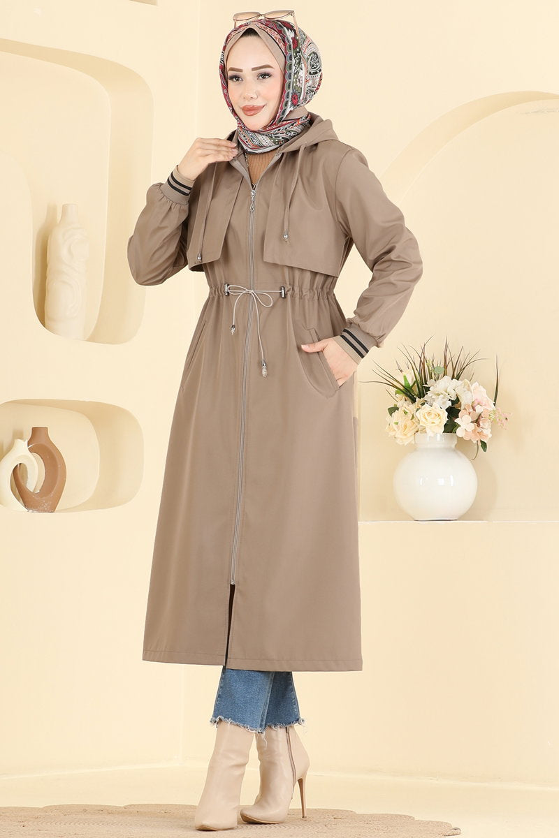 Hooded Trench Coat with Elastic Waist - Mink