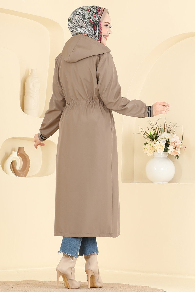 Hooded Trench Coat with Elastic Waist - Mink