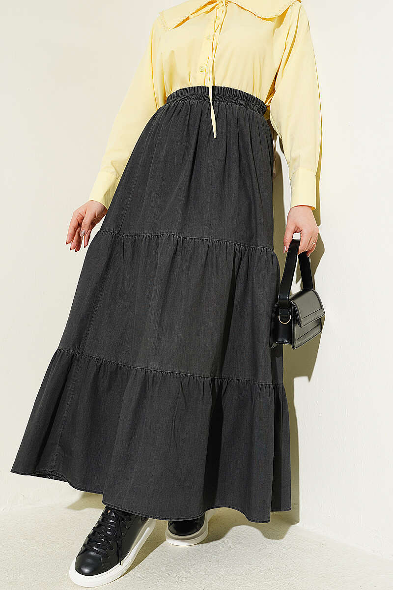 Tiered Denim Skirt with Elastic Waist - Charcoal