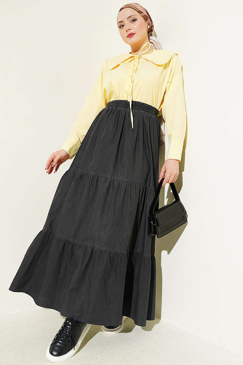 Tiered Denim Skirt with Elastic Waist - Charcoal