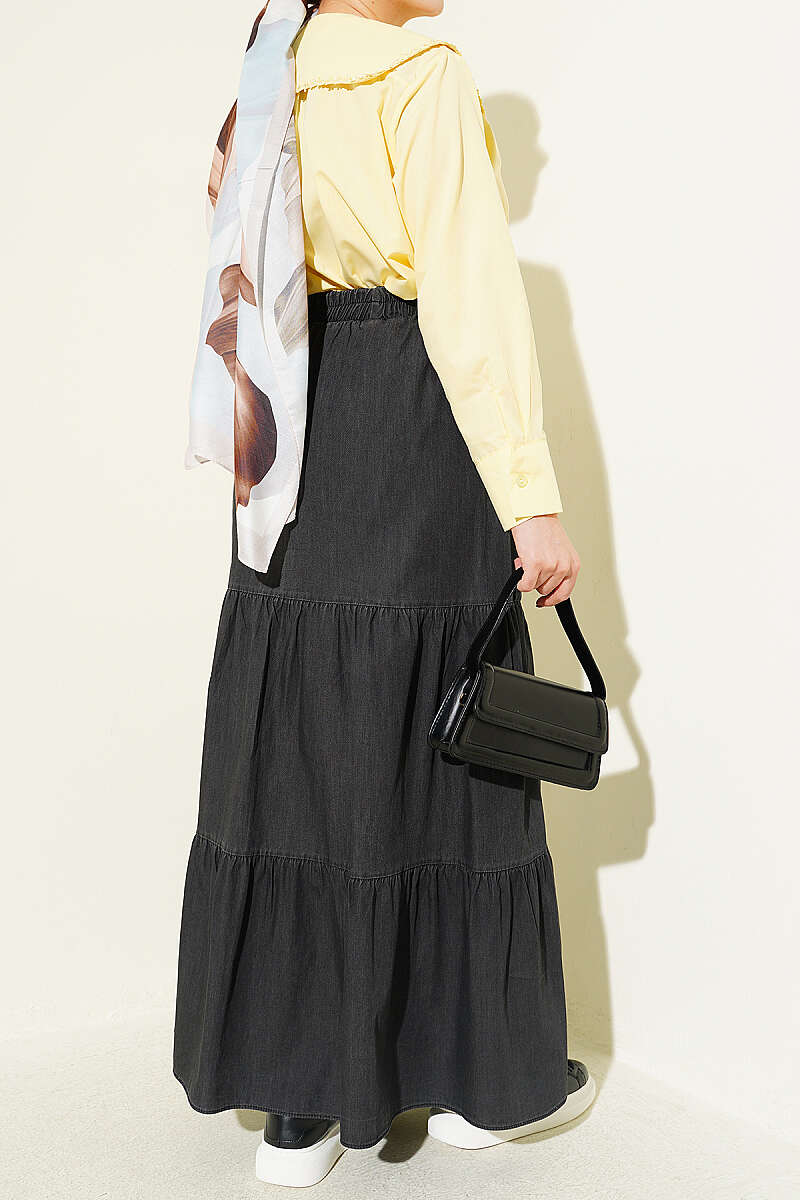Tiered Denim Skirt with Elastic Waist - Charcoal