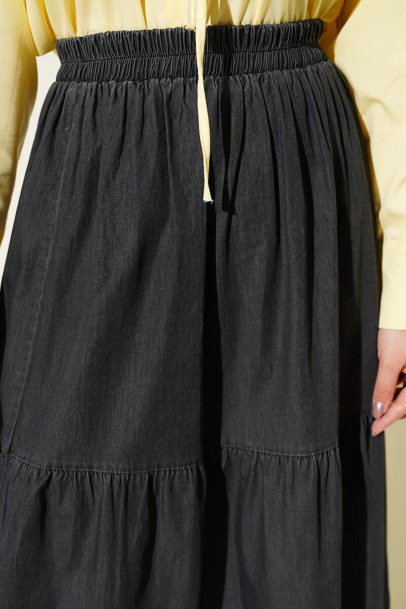 Tiered Denim Skirt with Elastic Waist - Charcoal