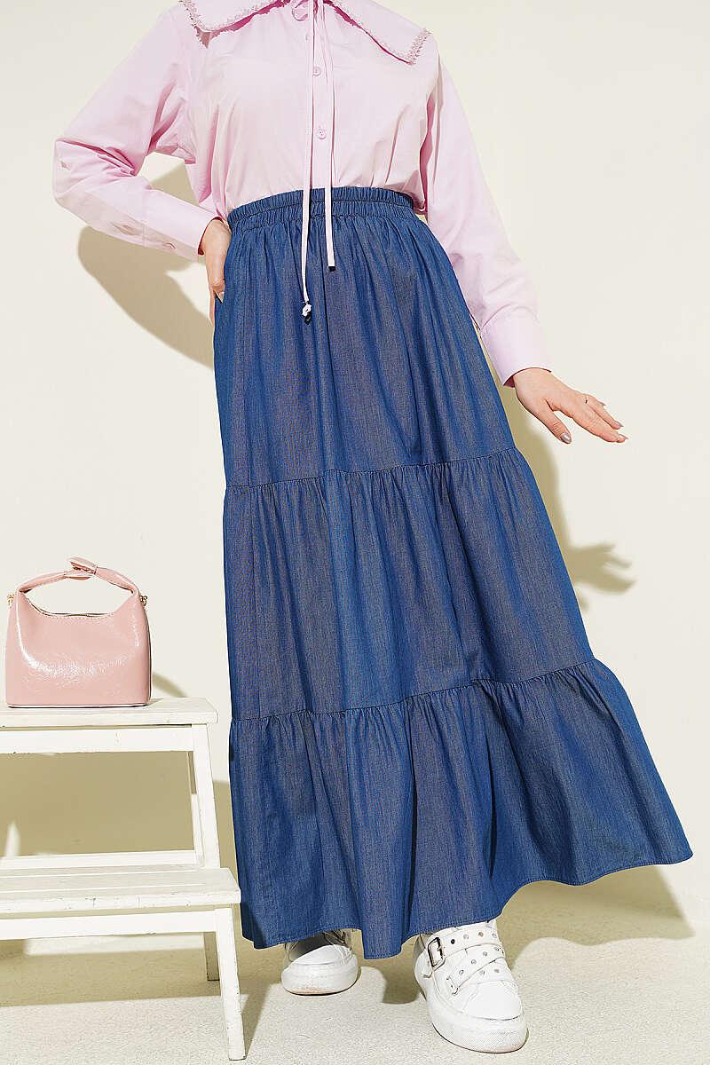 Tiered Denim Skirt with Elastic Waist - Navy