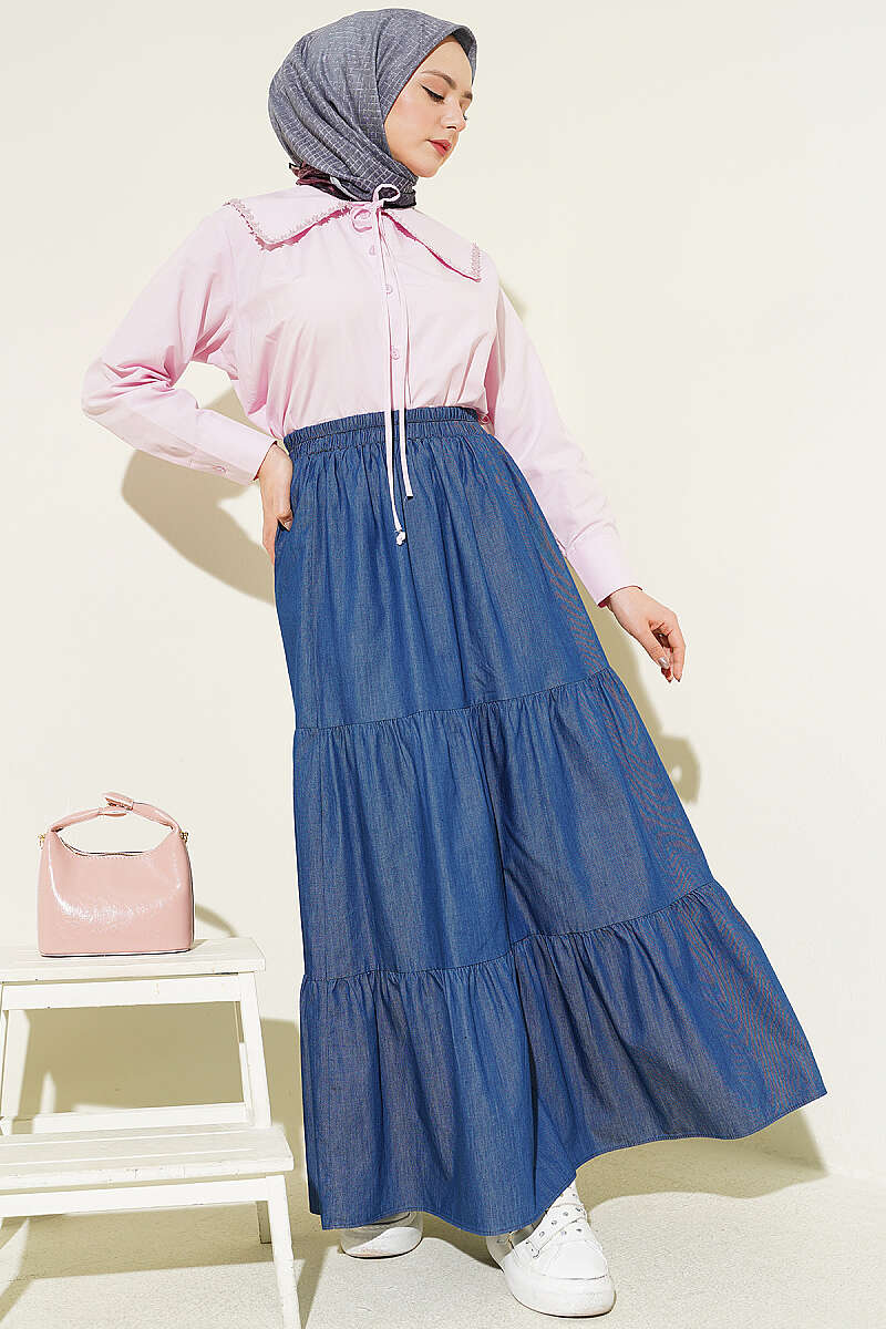 Tiered Denim Skirt with Elastic Waist - Navy