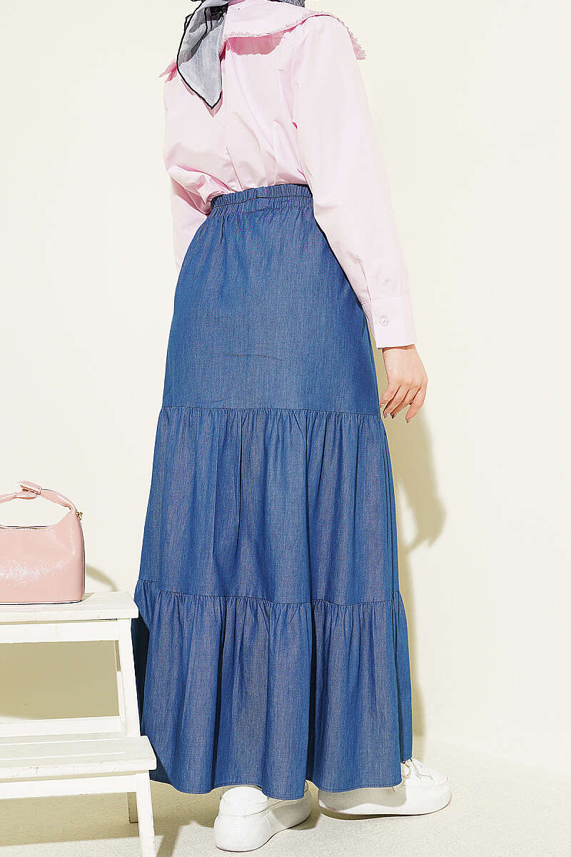 Tiered Denim Skirt with Elastic Waist - Navy