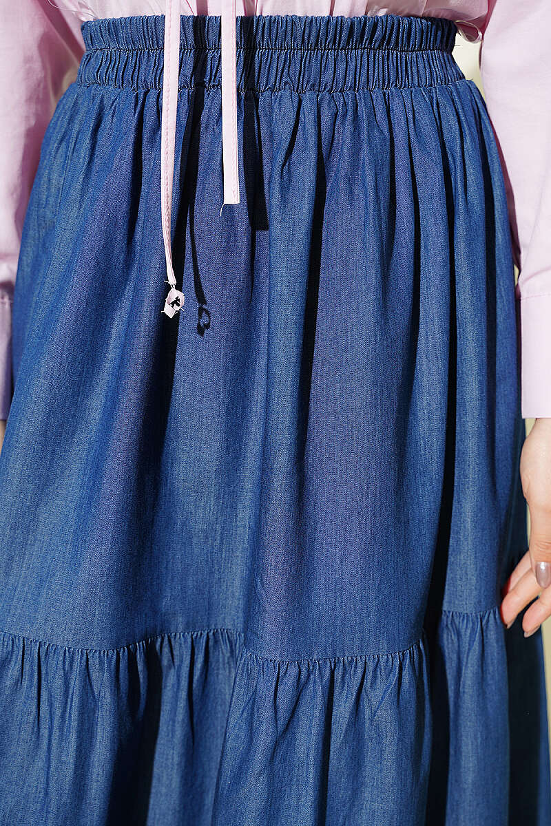 Tiered Denim Skirt with Elastic Waist - Navy