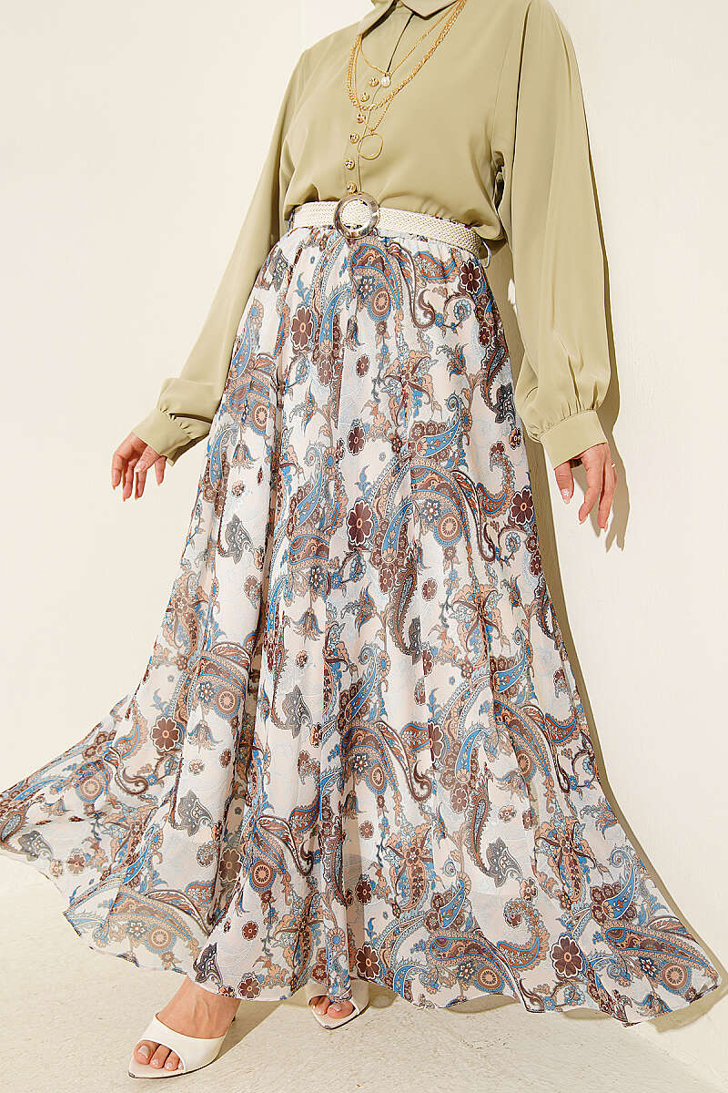 Belted Patterned Chiffon Skirt with Elastic Waist - Ecru